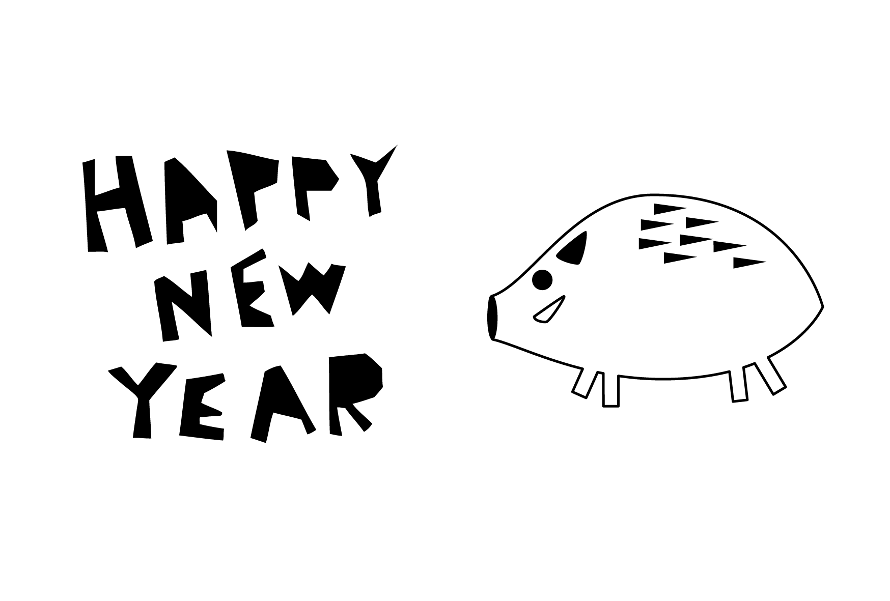 年賀状 19年 白黒テンプレート 猪 横 無料 かわいいフリー素材 イラストk