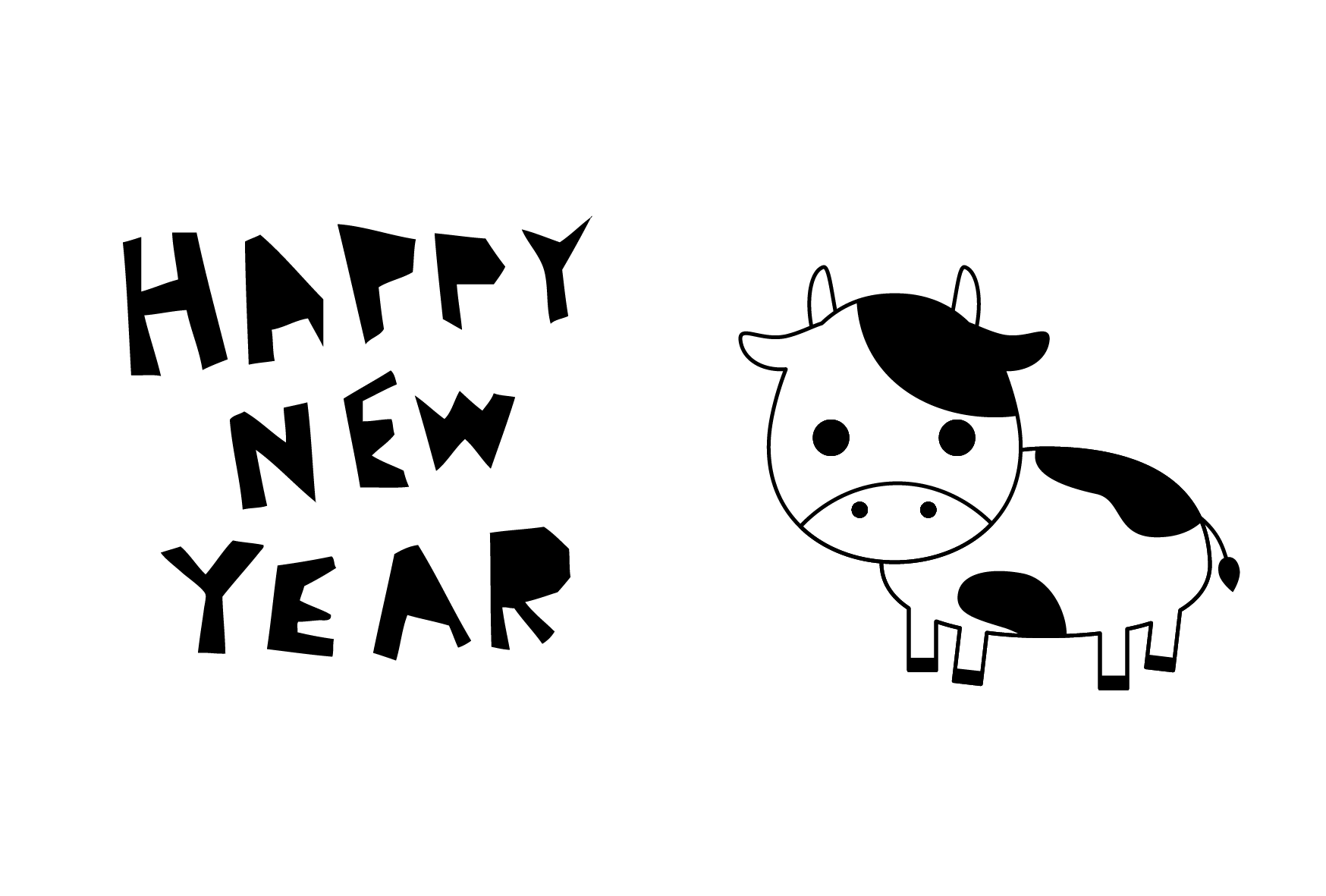 年賀状 21年 白黒テンプレート 牛 横 無料 かわいいフリー素材 イラストk