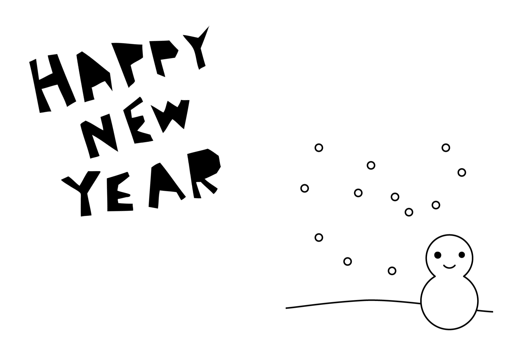年賀状 白黒テンプレート 雪と雪だるま 無料 かわいいフリー素材 イラストk