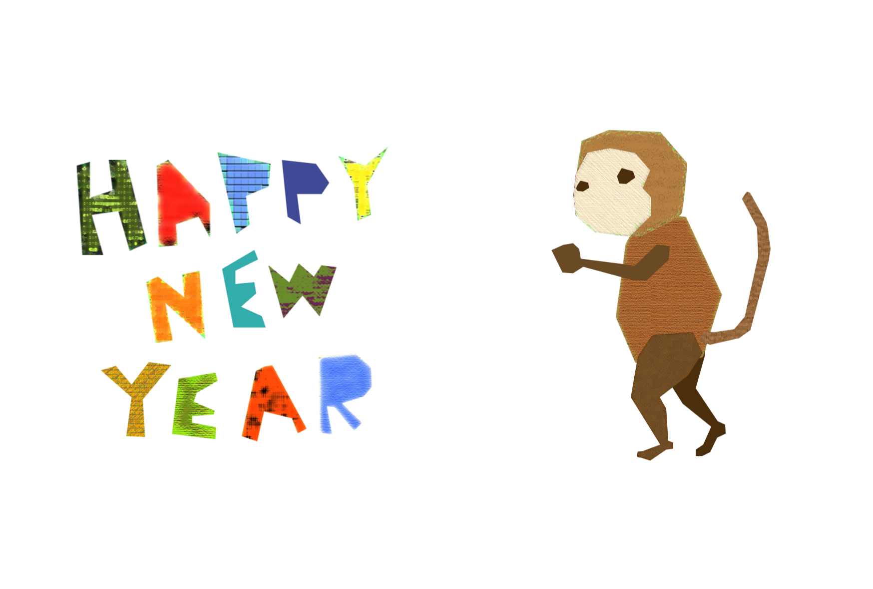 年賀状 コラージュ風テンプレート 猿 無料 かわいいフリー素材 イラストk